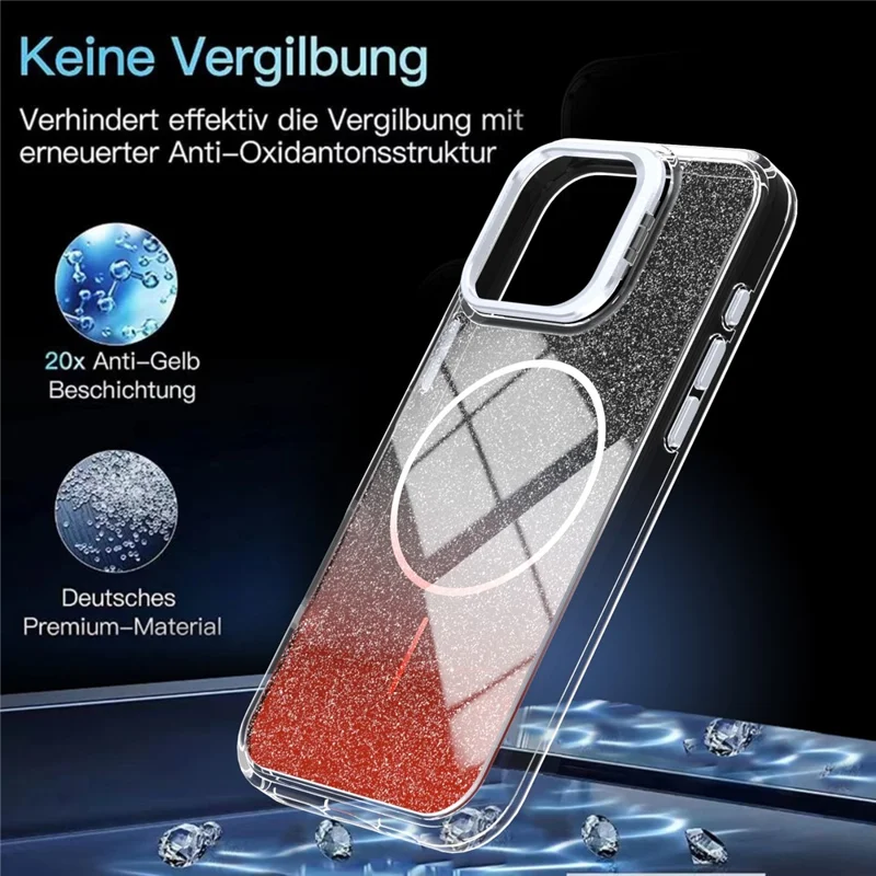 For iPhone 16 Pro Magnetic Case Gradient Glitter Shockproof TPU PC Phone Cover Compatible with MagSafe - Orange