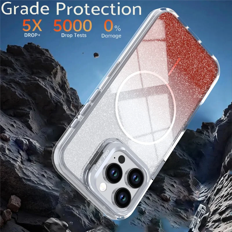 For iPhone 16 Pro Magnetic Case Gradient Glitter Shockproof TPU PC Phone Cover Compatible with MagSafe - Orange