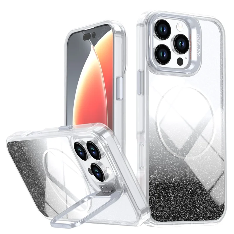 Coque magnétique pour iPhone 16 Pro Max, coque transparente dégradée avec paillettes, protection intégrale en TPU et PC résistante aux chocs, compatible MagSafe - Noir