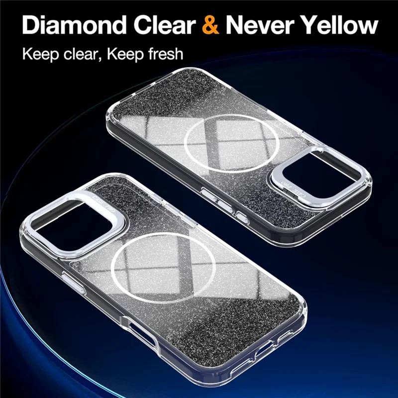 Coque magnétique pour iPhone 16 Pro Max, coque transparente dégradée avec paillettes, protection intégrale en TPU et PC résistante aux chocs, compatible MagSafe - Noir