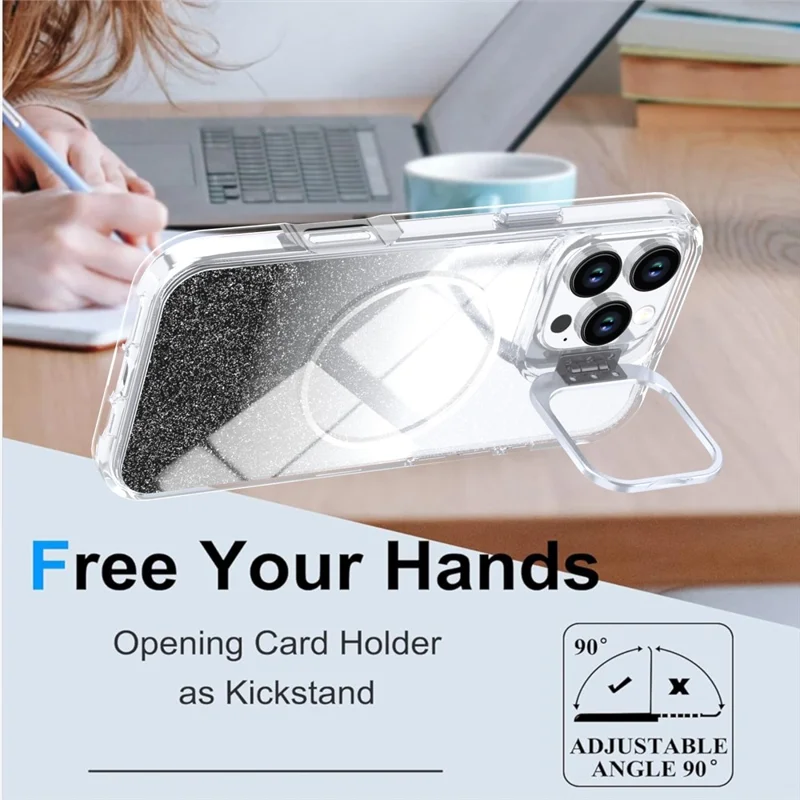 Coque magnétique pour iPhone 16 Pro Max, coque transparente dégradée avec paillettes, protection intégrale en TPU et PC résistante aux chocs, compatible MagSafe - Noir