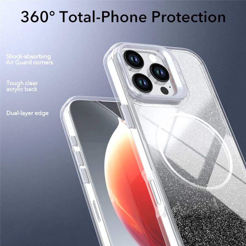 Coque magnétique pour iPhone 16 Pro Max, coque transparente dégradée avec paillettes, protection intégrale en TPU et PC résistante aux chocs, compatible MagSafe - Noir