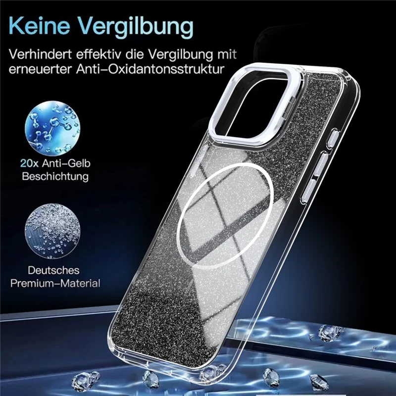 Coque magnétique pour iPhone 16 Pro Max, coque transparente dégradée avec paillettes, protection intégrale en TPU et PC résistante aux chocs, compatible MagSafe - Noir