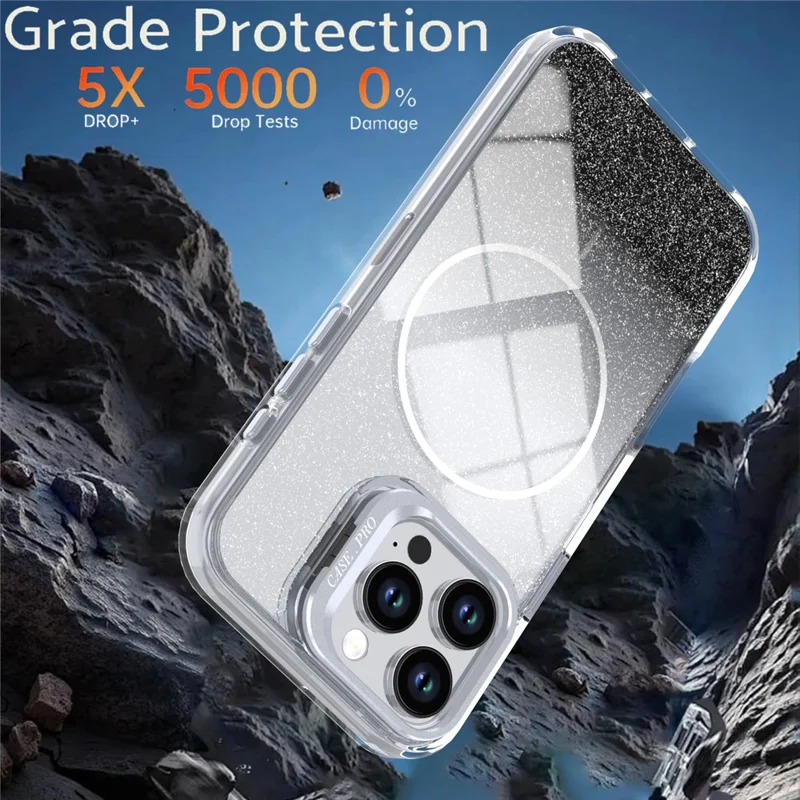 Coque magnétique pour iPhone 16 Pro Max, coque transparente dégradée avec paillettes, protection intégrale en TPU et PC résistante aux chocs, compatible MagSafe - Noir