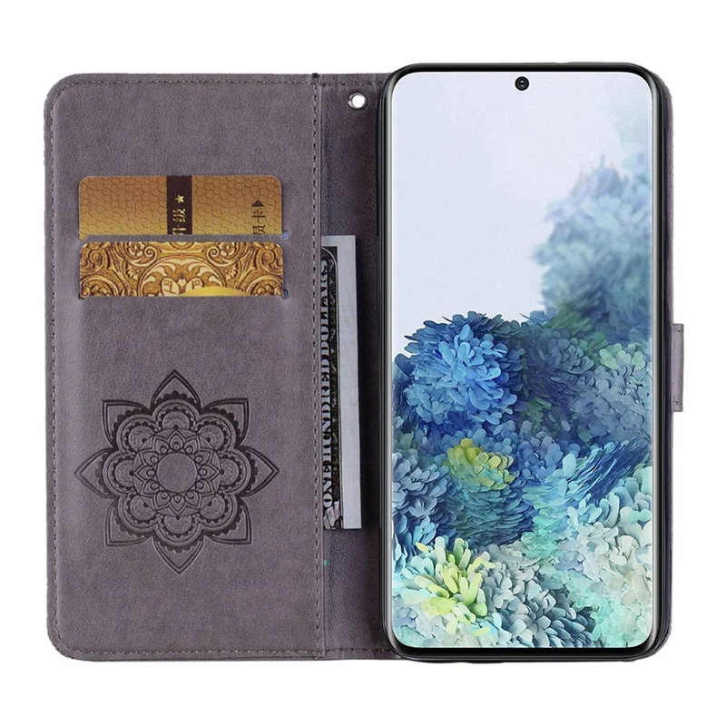 For Samsung Galaxy S23 Rhinestone Decor Phone Cover, Imprinting Owl Flower Pattern Stand Wallet Leather Case - Grey