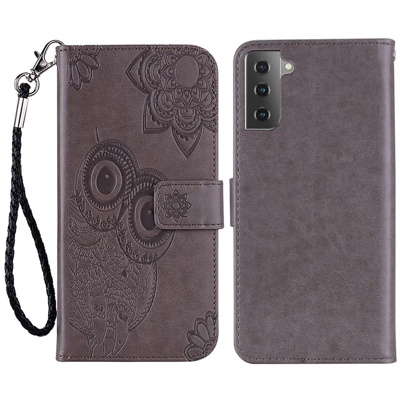 Для Samsung Galaxy S23 Owl Flower Pattern Imprinted Magnetic Clasp Phone Case Wallet Stand PU Leather Shockproof Phone Cover - Grey