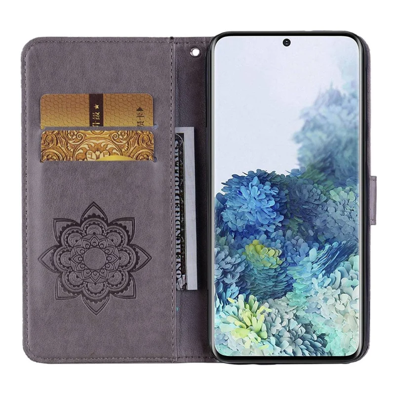 Для Samsung Galaxy S23 Owl Flower Pattern Imprinted Magnetic Clasp Phone Case Wallet Stand PU Leather Shockproof Phone Cover - Grey