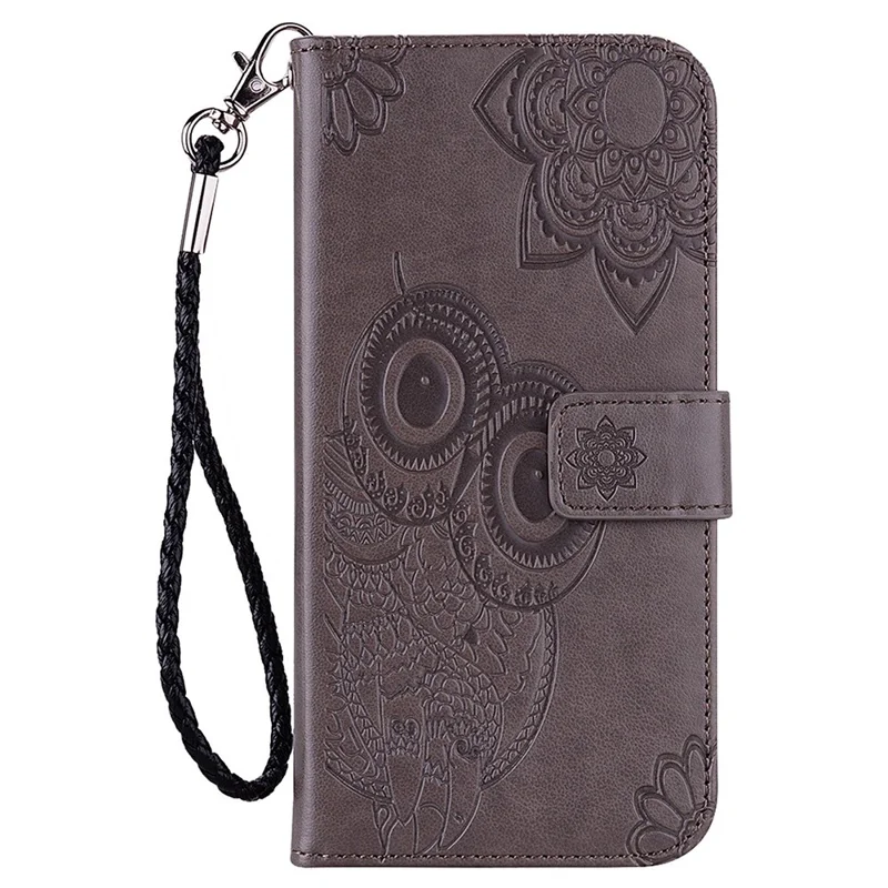 Для Samsung Galaxy S23 Owl Flower Pattern Imprinted Magnetic Clasp Phone Case Wallet Stand PU Leather Shockproof Phone Cover - Grey
