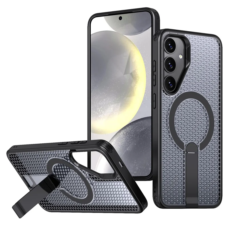 For Samsung Galaxy S26+ Magnetic Case Kickstand Grid Texture TPU PC Phone Back Cover - Black
