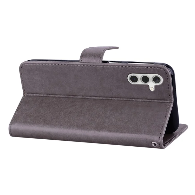 Für Samsung Galaxy A14 5G / A14 4G Unterstützende Ständer Geldbörse Ledertasche Handy Hülle Handy Cover Geprägtes Eulen Blumen Muster Schale mit Riemen - Grau