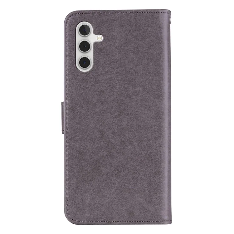 Für Samsung Galaxy A14 5G / A14 4G Unterstützende Ständer Geldbörse Ledertasche Handy Hülle Handy Cover Geprägtes Eulen Blumen Muster Schale mit Riemen - Grau