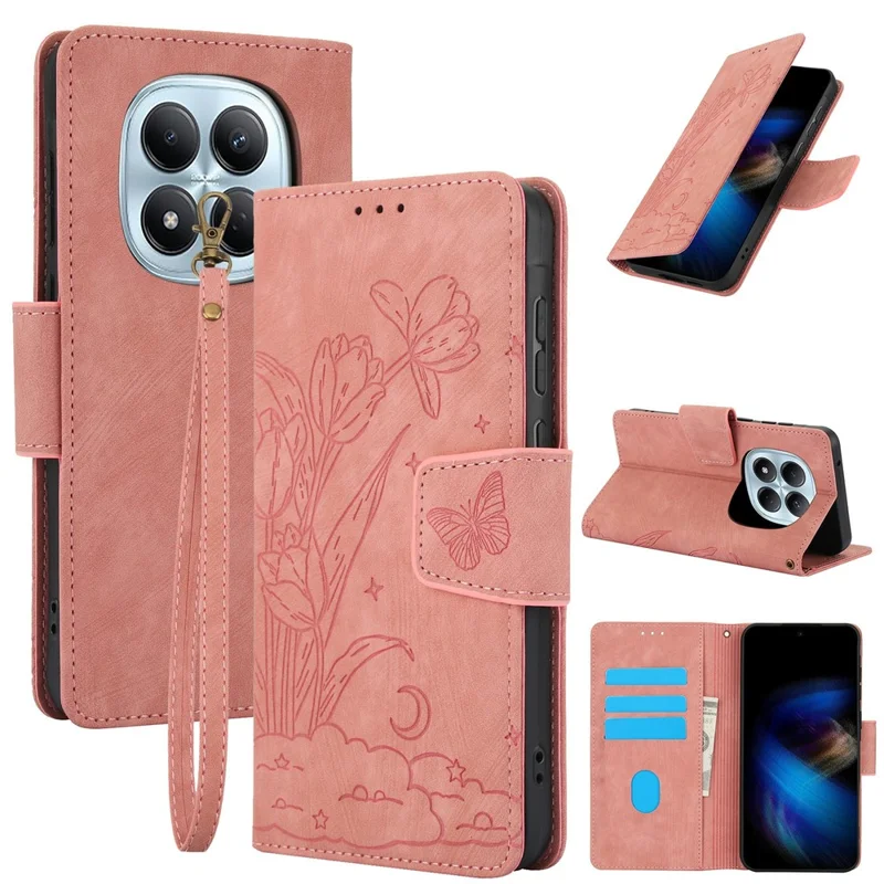For Xiaomi Poco M8 5G / Redmi Note 15 5G (Global) / 15 4G (Global) Case Flower Butterfly Wallet Leather Phone Cover with Hand Strap - Pink