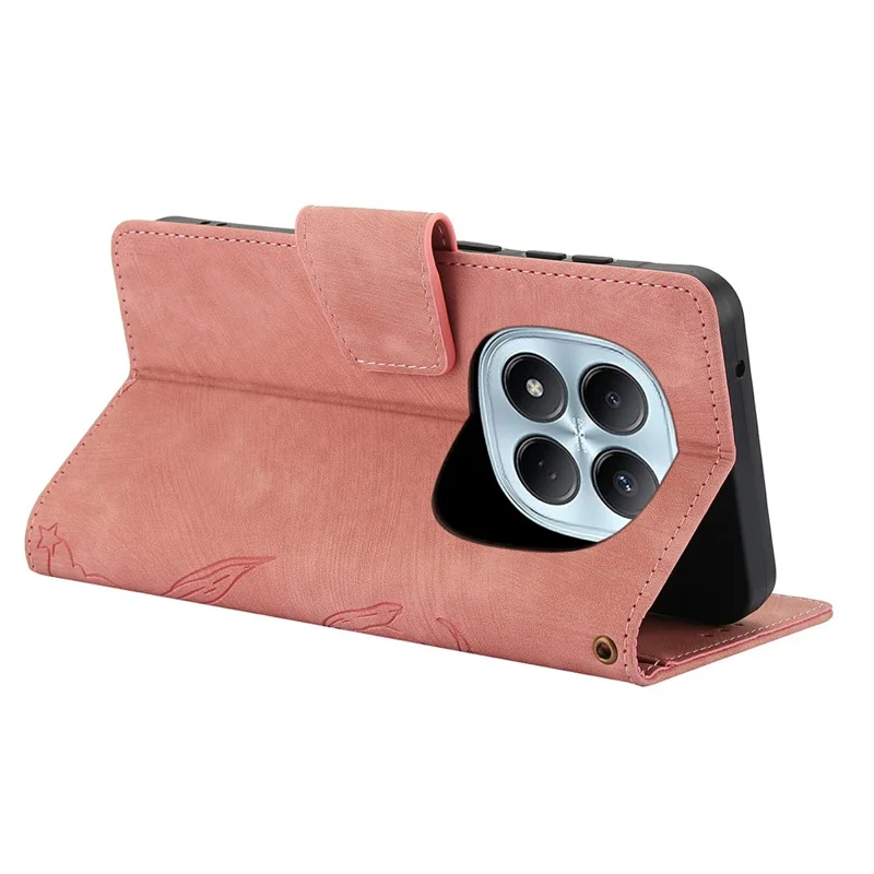 For Xiaomi Poco M8 5G / Redmi Note 15 5G (Global) / 15 4G (Global) Case Flower Butterfly Wallet Leather Phone Cover with Hand Strap - Pink