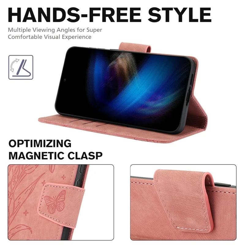 For Xiaomi Poco M8 5G / Redmi Note 15 5G (Global) / 15 4G (Global) Case Flower Butterfly Wallet Leather Phone Cover with Hand Strap - Pink