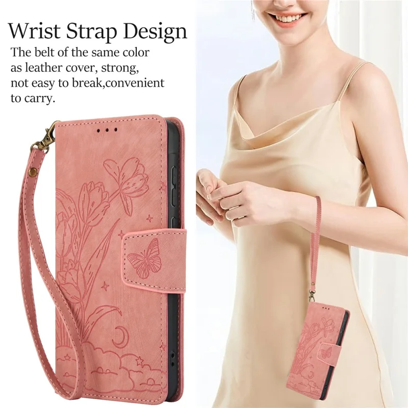 For Xiaomi Poco M8 5G / Redmi Note 15 5G (Global) / 15 4G (Global) Case Flower Butterfly Wallet Leather Phone Cover with Hand Strap - Pink