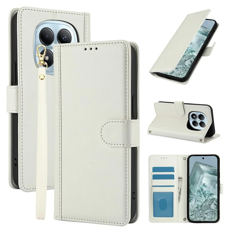 For Xiaomi Poco M8 5G / Redmi Note 15 5G (Global) / 15 4G (Global) Case PU Leather Stand View Phone Wallet Cover with Hand Strap - White