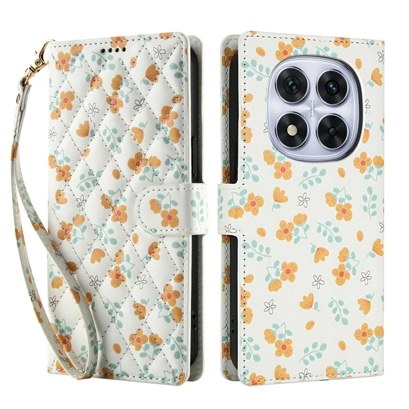 Étui portefeuille pour Xiaomi Redmi Note 15 Pro+ 5G (Global) - Couverture rabattable en cuir avec motif floral rhombique et dragonne - A3