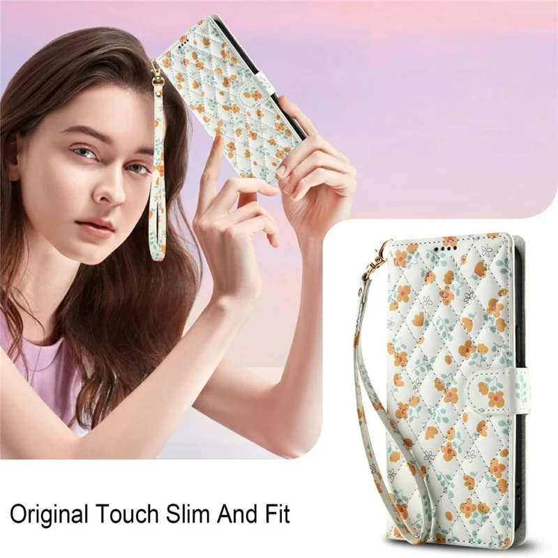 For Xiaomi Poco M8 5G / Redmi Note 15 5G (Global) / 15 4G (Global) Wallet Case Rhombic Floral Design Leather Flip Phone Cover with Strap - A3