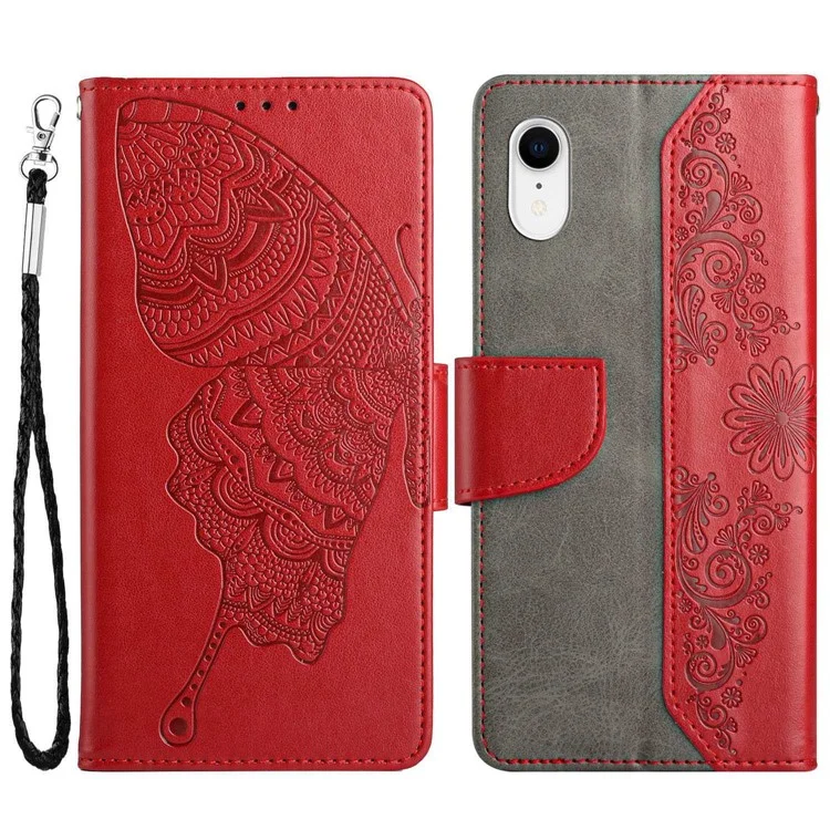 PU Leather Phone Case for Samsung Galaxy A22e, Well-protected Butterfly Flower Imprinted Wallet Cover with Stand - Red