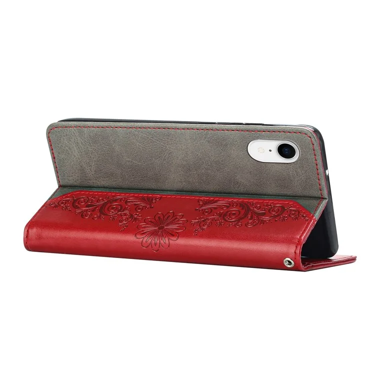PU Leather Phone Case for Samsung Galaxy A22e, Well-protected Butterfly Flower Imprinted Wallet Cover with Stand - Red