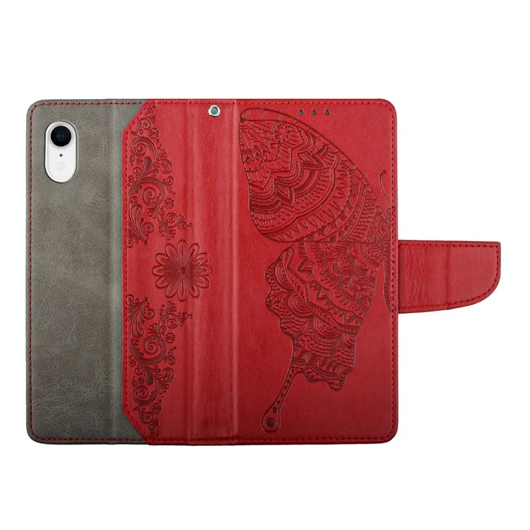 PU Leather Phone Case for Samsung Galaxy A22e, Well-protected Butterfly Flower Imprinted Wallet Cover with Stand - Red