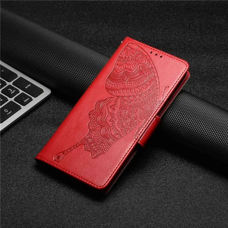 PU Leather Phone Case for Samsung Galaxy A22e, Well-protected Butterfly Flower Imprinted Wallet Cover with Stand - Red