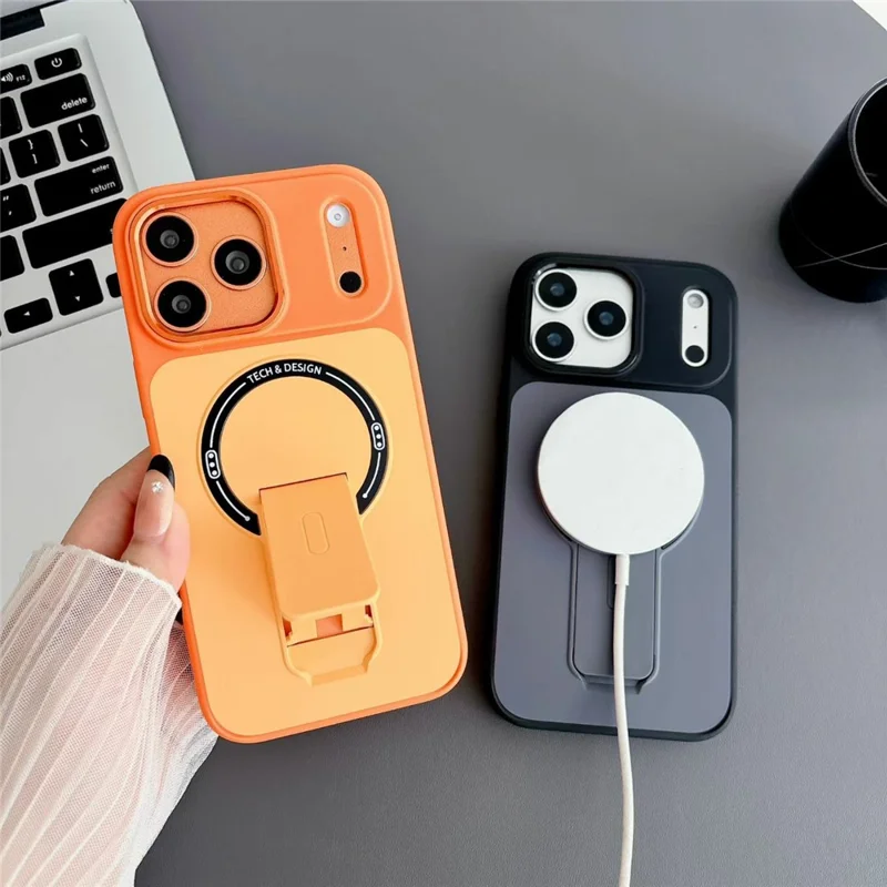 For iPhone 17 Pro Max Magnetic Case Kickstand Dual Color Skin Touch Rubberized PC + TPU Phone Cover - Brown