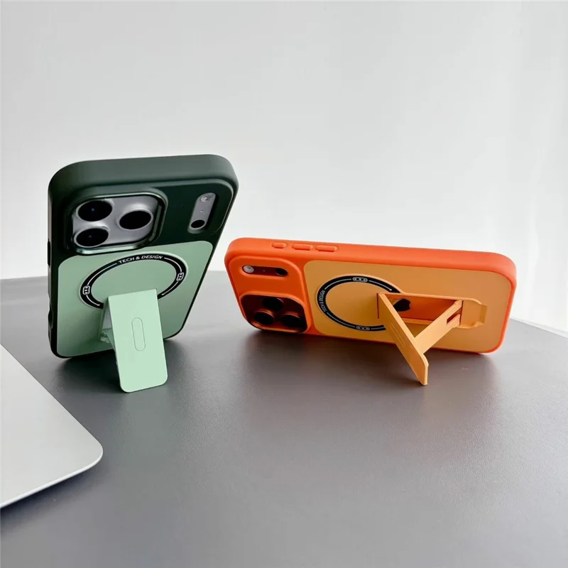 For iPhone 17 Pro Max Magnetic Case Kickstand Dual Color Skin Touch Rubberized PC + TPU Phone Cover - Brown