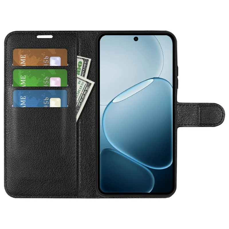 Phone Case For Oppo A6x 5G  /  A6x 4G Wallet Stand Litchi Texture Shockproof Leather Phone Cover - Black