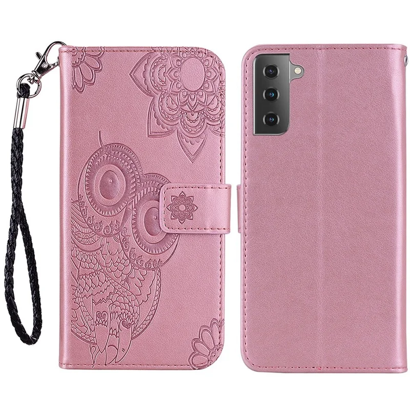 Cell Phone Cover for Samsung Galaxy S23+, Anti-scratch Imprinted Owl Flower Pattern Stand Wallet Leather Phone Case - Rose Gold