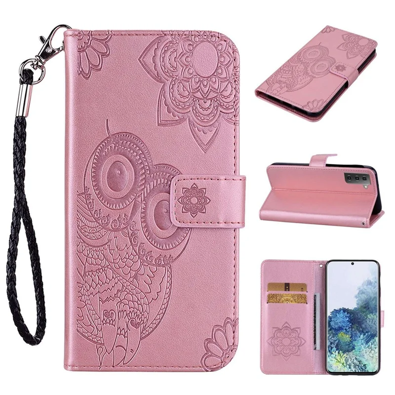 Cell Phone Cover for Samsung Galaxy S23+, Anti-scratch Imprinted Owl Flower Pattern Stand Wallet Leather Phone Case - Rose Gold
