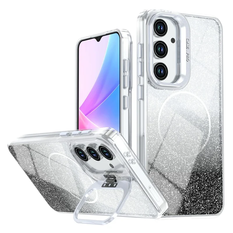 For Samsung Galaxy S24 FE Magnetic Case Gradient Glitter Shockproof TPU PC Phone Cover - Black