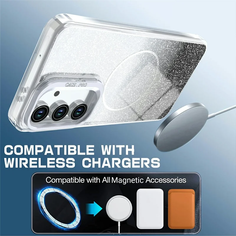 For Samsung Galaxy S24 FE Magnetic Case Gradient Glitter Shockproof TPU PC Phone Cover - Black