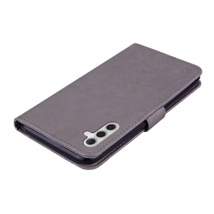 For Samsung Galaxy A14 5G / A14 4G Rhinestone Decor Scratch Resistant Phone Cover, Imprinting Owl Flower Pattern Stand Wallet Leather Case - Grey