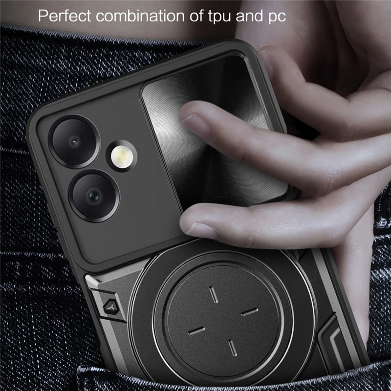 For Samsung Galaxy A06 4G Case TPU + PC Phone Cover with Kickstand , Slide Lens Window - Black