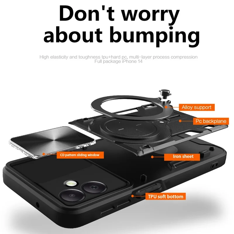 For Samsung Galaxy A06 4G Case TPU + PC Phone Cover with Kickstand , Slide Lens Window - Black