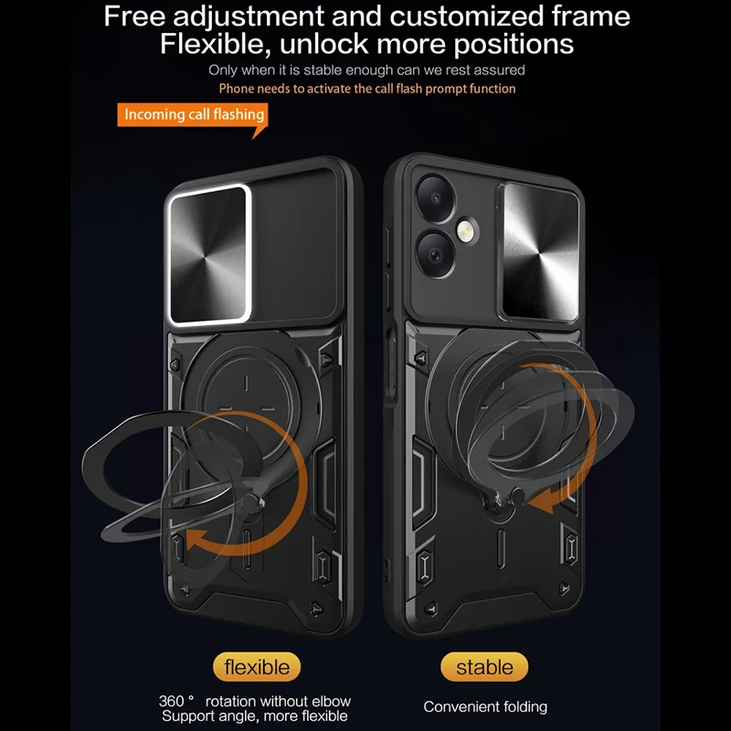 For Samsung Galaxy A06 4G Case TPU + PC Phone Cover with Kickstand , Slide Lens Window - Black