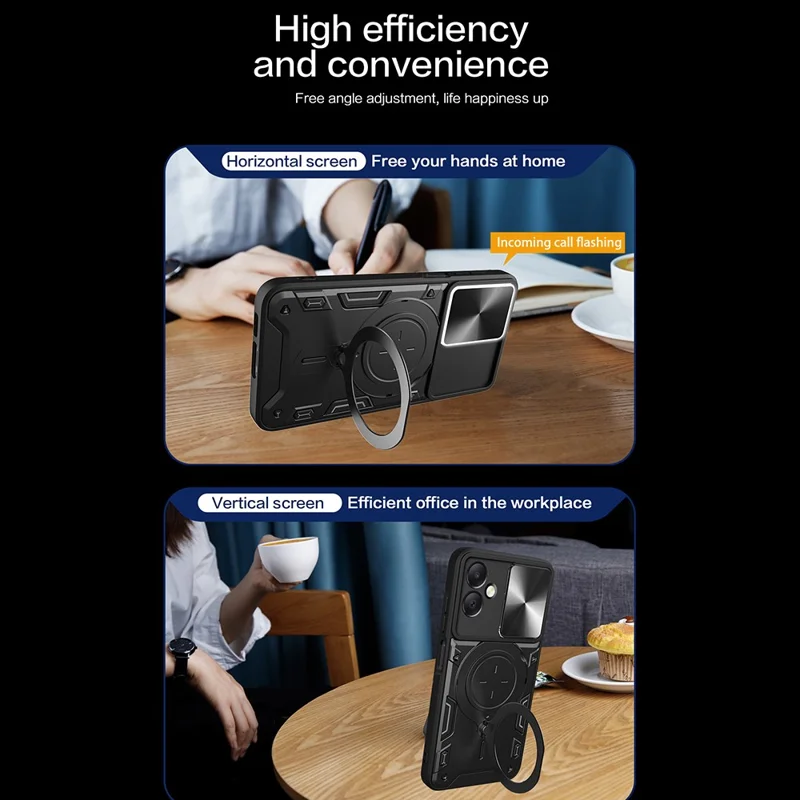 For Samsung Galaxy A06 4G Case TPU + PC Phone Cover with Kickstand , Slide Lens Window - Black