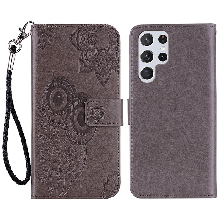 For Samsung Galaxy S23 Ultra Phone Cover Anti-dust Imprinted Owl Flower Pattern Stand Wallet Leather Phone Case - Grey