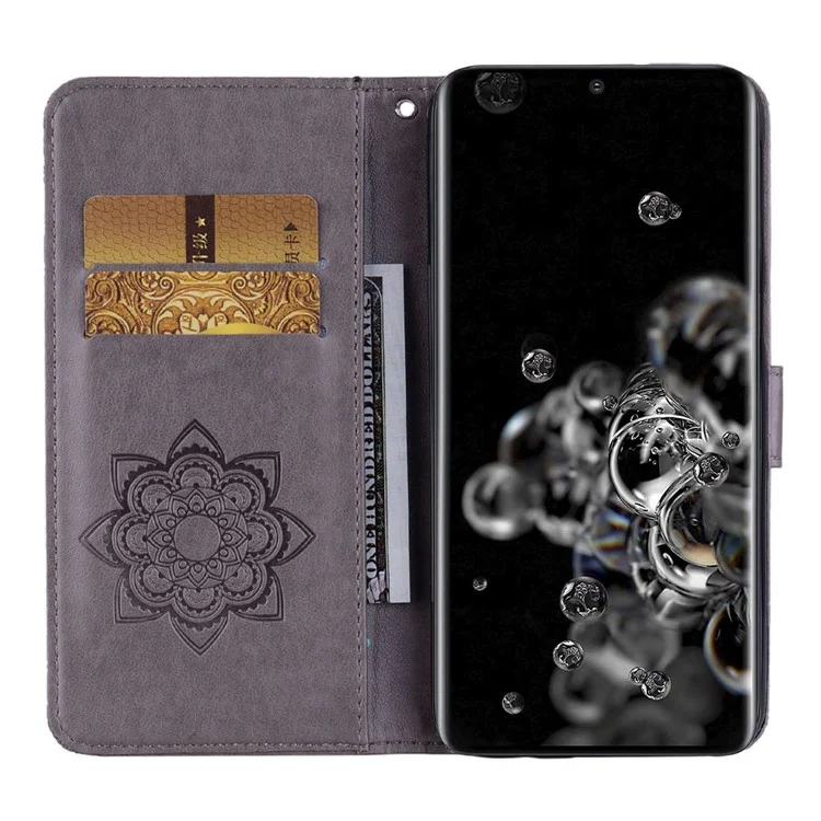 For Samsung Galaxy S23 Ultra Phone Cover Anti-dust Imprinted Owl Flower Pattern Stand Wallet Leather Phone Case - Grey