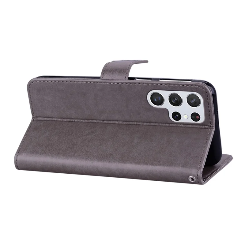 For Samsung Galaxy S23 Ultra Phone Cover Anti-dust Imprinted Owl Flower Pattern Stand Wallet Leather Phone Case - Grey