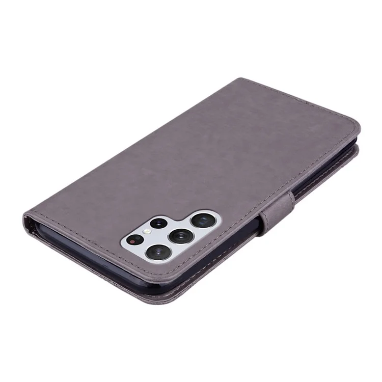 For Samsung Galaxy S23 Ultra Phone Cover Anti-dust Imprinted Owl Flower Pattern Stand Wallet Leather Phone Case - Grey
