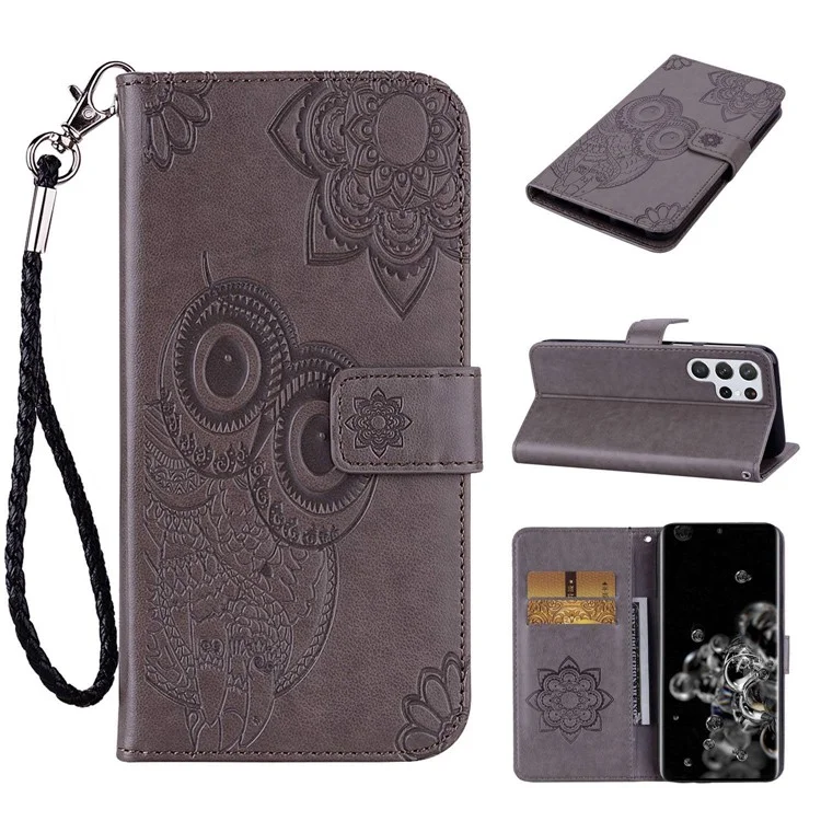 For Samsung Galaxy S23 Ultra Phone Cover Anti-dust Imprinted Owl Flower Pattern Stand Wallet Leather Phone Case - Grey