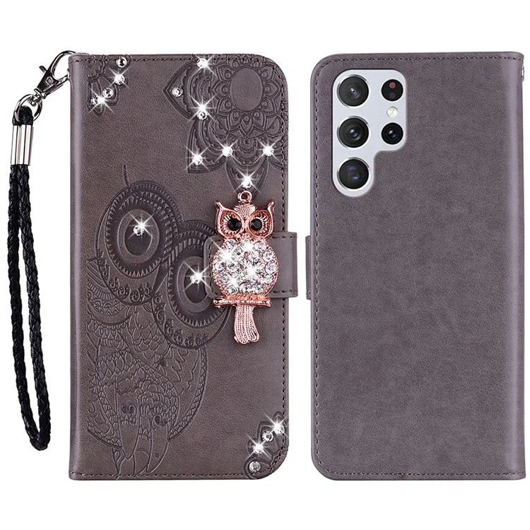 Для Samsung Galaxy S23 Ultra Fall Proof Rhinestone Decor Phone Cover, Imprinting Owl Flower Pattern Stand Wallet Leather Case - Grey