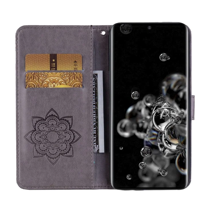 Для Samsung Galaxy S23 Ultra Fall Proof Rhinestone Decor Phone Cover, Imprinting Owl Flower Pattern Stand Wallet Leather Case - Grey