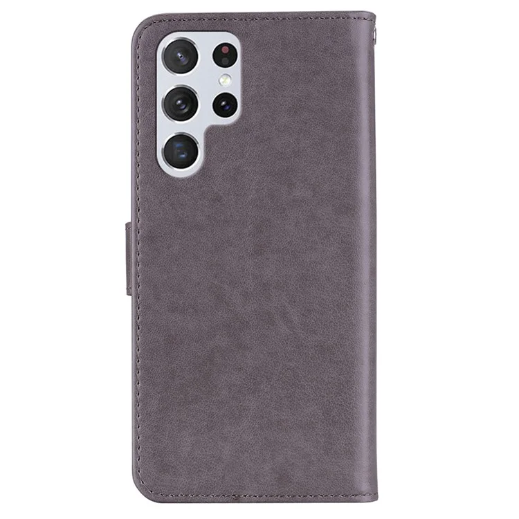 Для Samsung Galaxy S23 Ultra Fall Proof Rhinestone Decor Phone Cover, Imprinting Owl Flower Pattern Stand Wallet Leather Case - Grey