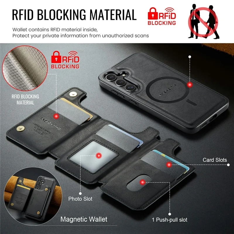 MAGKING K3 Series For Samsung Galaxy S24 FE Magnetic Case Detachable Wallet PC + TPU + PU Phone Cover - Black