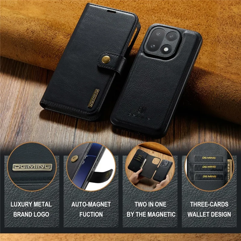 DG.MING for OnePlus 15 5G Case Detachable Wallet Stand Split Leather Phone Cover - Black