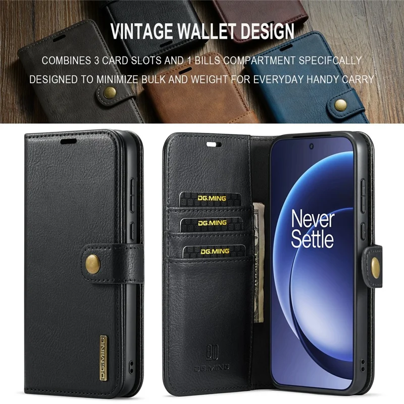 DG.MING for OnePlus 15 5G Case Detachable Wallet Stand Split Leather Phone Cover - Black
