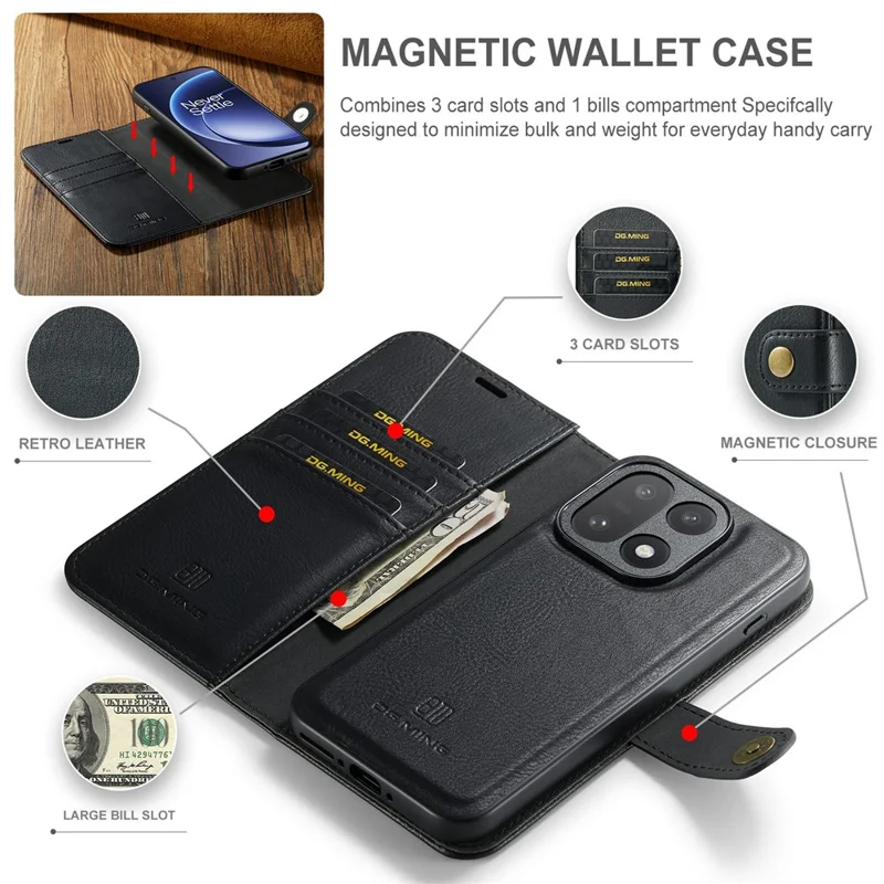DG.MING for OnePlus 15 5G Case Detachable Wallet Stand Split Leather Phone Cover - Black